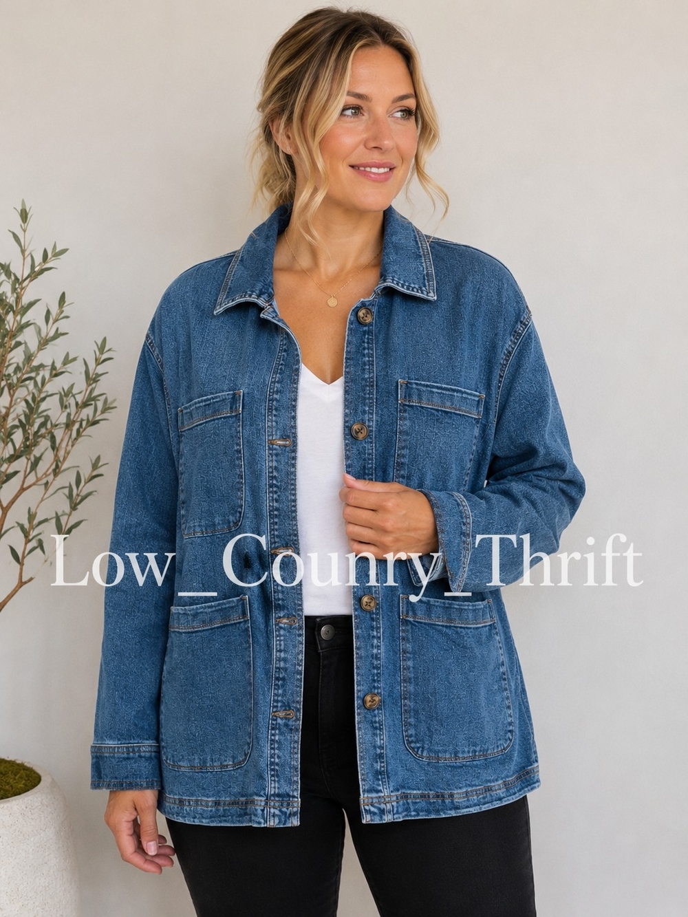 Lauren Conrad XXL Denim Jacket Blue Utility 4 Pocket Button Front